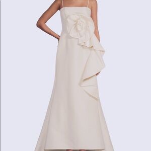 Mikado 3D Rosette Running Side Ruffle Straight Neck Spaghetti Strap Fit&Flare